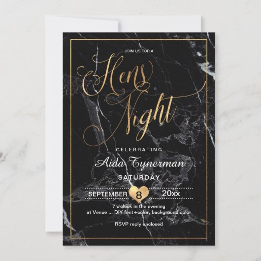 Invitation PixDezines Hens Night Faux Or Script+Marbre (Devant)