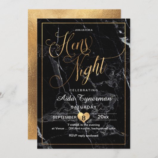 Invitation PixDezines Hens Night Faux Or Script+Marbre (Devant / Derrière)