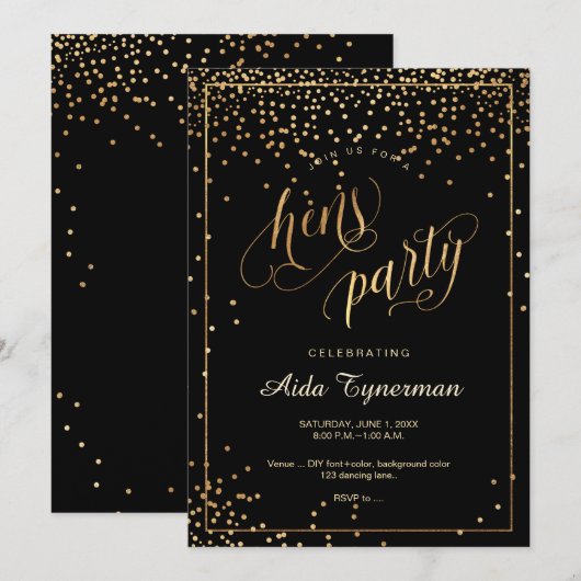 Invitation PixDezines Hens Party Faux Gold Confetti (Devant / Derrière)
