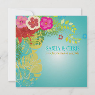 Invitation PixDezines Hibiscus+monstera/jaune+aqua