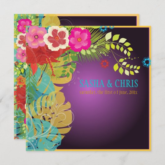 Invitation PixDezines Hibiscus+nstera/jaune+aqua (Devant / Derrière)