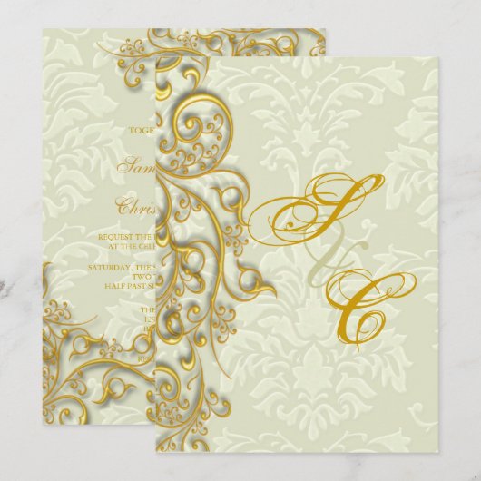Invitation PixDezines IVORY DAMASK FAUX GOLD FILIGREE (Devant / Derrière)