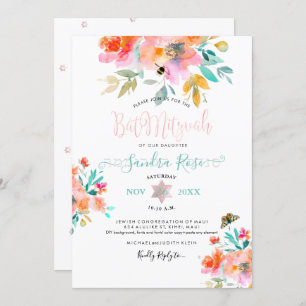 Invitation PixDezines Jardin Rose Bat mitzvah aquarelle