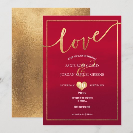 Invitation PixDezines Love Faux Gold/Red Velvet (Devant / Derrière)