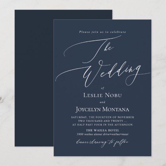 Invitation PixDezines Luxe Calligraphy Navy Blue Wedding (Devant / Derrière)