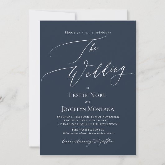 Invitation PixDezines Luxe Calligraphy Navy Blue Wedding (Devant)