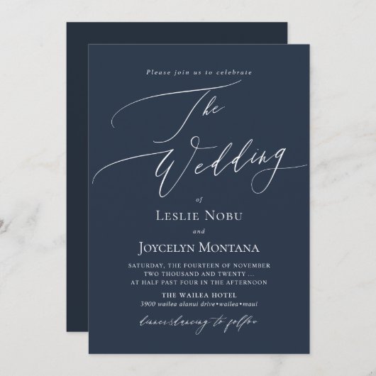 Invitation PixDezines Luxe Calligraphy Navy Blue Wedding (Devant / Derrière)