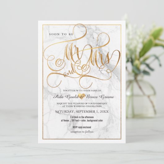 Invitation PixDezines M. Mme Faux Gold Fancy Script+Marble (Debout devant)