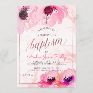 Invitation PixDezines Marble+Aquarelle Fleurs/Baptême