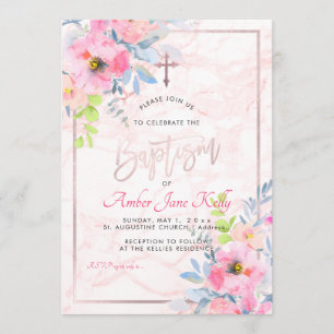 Invitation PixDezines Marble+Aquarelle Fleurs/Baptême
