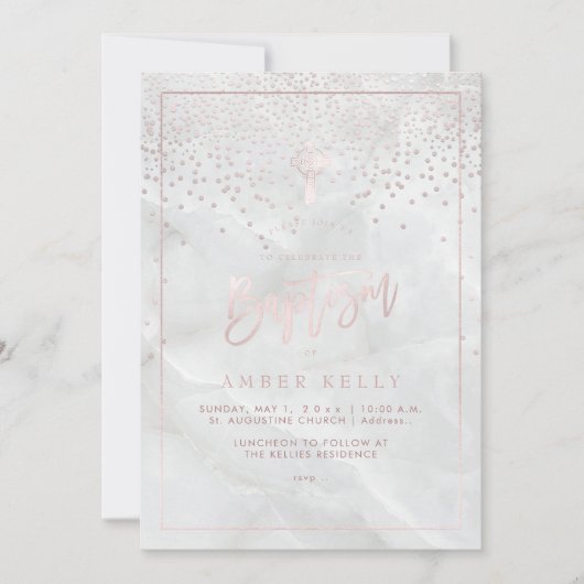 Invitation PixDezines Marble+Blush Pink Confetti/Baptism (Devant)