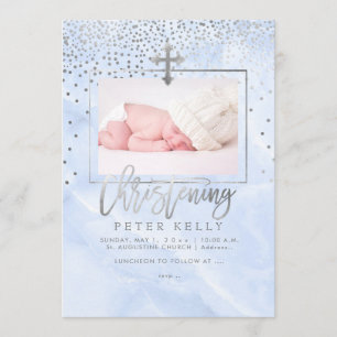 Invitation PixDezines Marble+Faux Dots d'argent/Christening