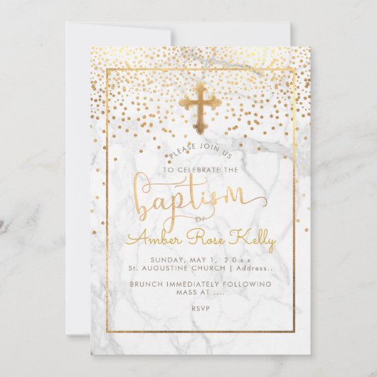 Invitation PixDezines Marble+Faux Gold Confetti/Baptême (Devant)