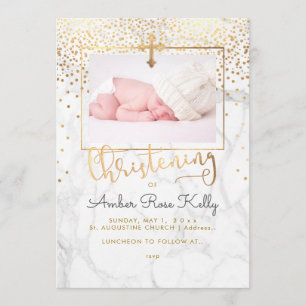 Invitation PixDezines Marble+Faux Gold Confetti Christening