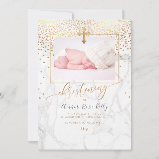 Invitation PixDezines Marble+Faux Gold Confetti Christening (Devant)