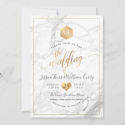 Invitation PixDezines Marble+Faux Monogramme Or Honeycomb (Devant)