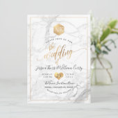 Invitation PixDezines Marble+Faux Monogramme Or Honeycomb (Debout devant)
