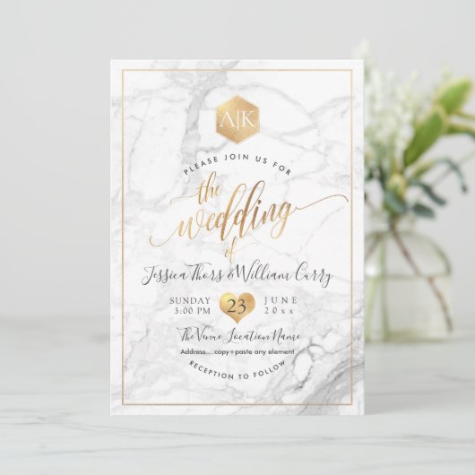 Invitation PixDezines Marble+Faux Monogramme Or Honeycomb (Debout devant)