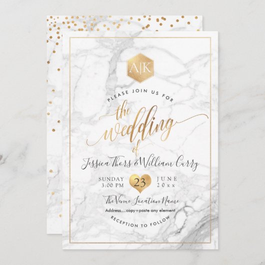 Invitation PixDezines Marble+Faux Monogramme Or Honeycomb (Devant / Derrière)