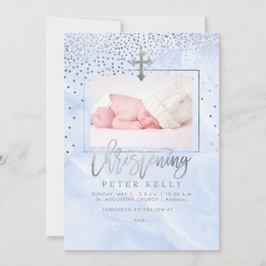 Invitation PixDezines Marble+Faux Points Argent/Christening (Devant)