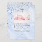 Invitation PixDezines Marble+Faux Points Argent/Christening (Devant / Derrière)