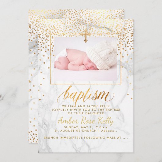 Invitation PixDezines Marble Faux Points Or/Carte Baptême (Devant / Derrière)