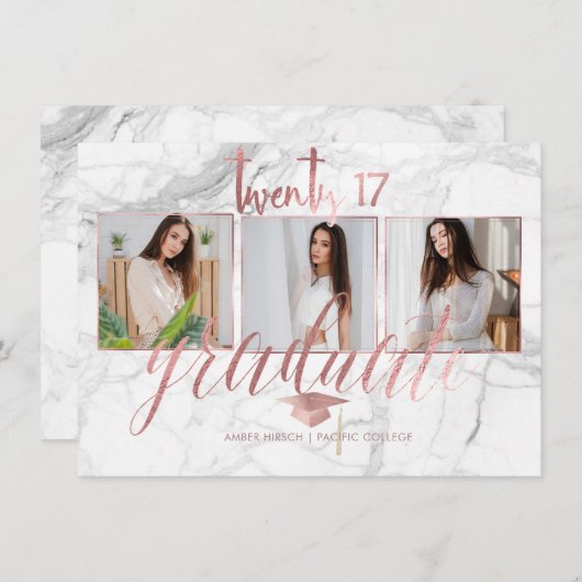 Invitation PixDezines Marble Faux Rose Gold 2017 Graduation (Devant / Derrière)