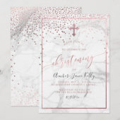 Invitation PixDezines Marble+Faux Rose Gold/Christening (Devant / Derrière)