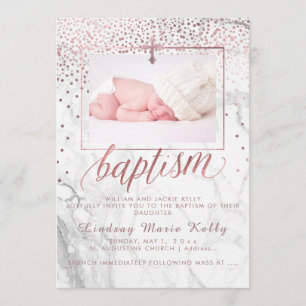 Invitation PixDezines Marble+Faux Rose Gold Confetti Baptême