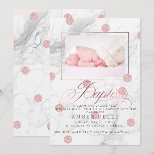 Invitation PixDezines Marble+Faux Rose Gold Points/Baptême (Devant / Derrière)