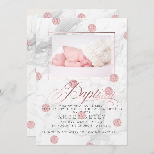 Invitation PixDezines Marble+Faux Roses Gold Dots/Baptême (Devant / Derrière)