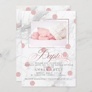 Invitation PixDezines Marble+Faux Roses Gold Dots/Baptême