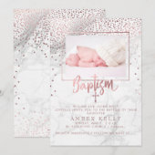 Invitation PixDezines Marble+Faux Roses Gold Dots/Baptême (Devant / Derrière)