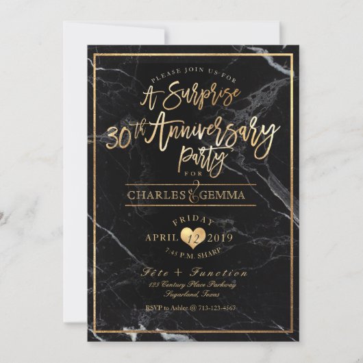 Invitation PixDezines Marble+Gold/30e Anniversaire Surprise (Devant)