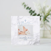 Invitation PixDezines Marbre Blanc, Baptême Bleu Garçon (Debout devant)