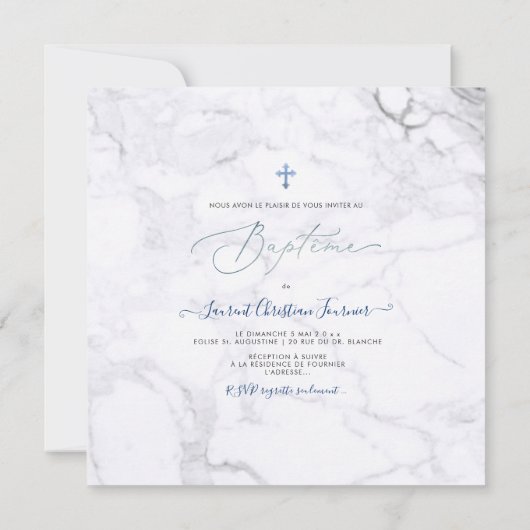 Invitation PixDezines Marbre Blanc, Baptême Bleu Garçon (Dos)