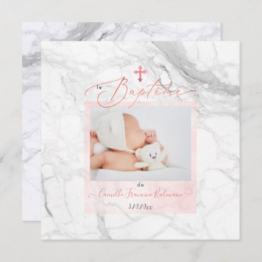 Invitation PixDezines Marbre Blanc, Baptême Fille (Devant / Derrière)