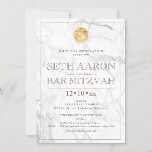 Invitation PixDezines Marbre Faux Or Monogram Bar Mitzvah ✡