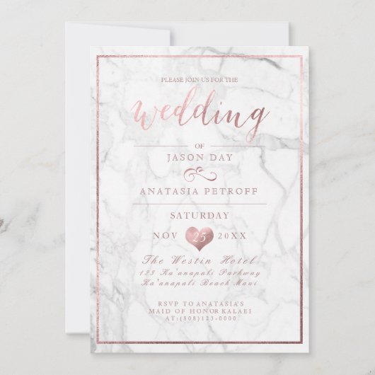 Invitation PixDezines Marbre/Faux Rose Gold/Mariage (Devant)