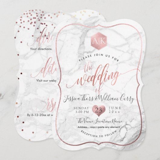 Invitation PixDezines Marbre+Monogramme+Faux RoseGold Honeyco (Devant / Derrière)