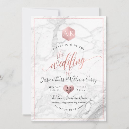 Invitation PixDezines Marbre+Monogramme+Faux RoseGold Honeyco (Devant)