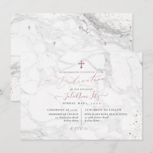 Invitation PixDezines Marbre Rose Gold Dedication (Devant / Derrière)