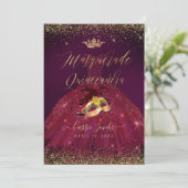 Invitation PixDezines Masquerade Quinceanera Or Bourgogne (Debout devant)