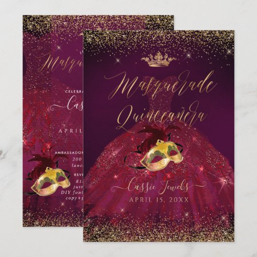 Invitation PixDezines Masquerade Quinceanera Or Bourgogne (Devant / Derrière)