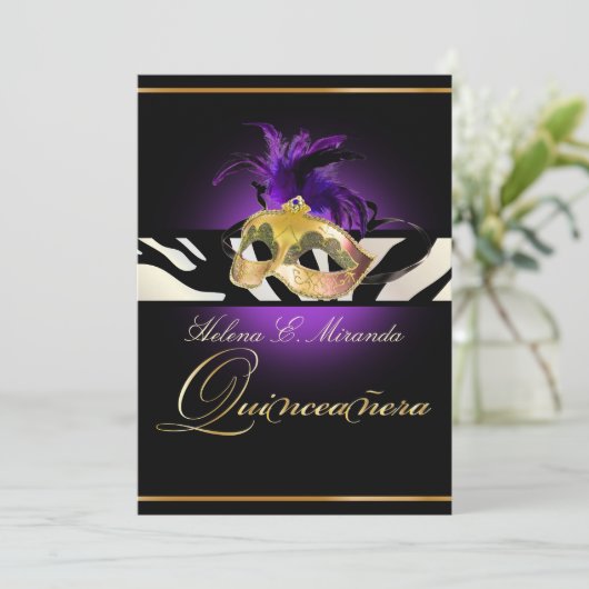 Invitation PixDezines Masquerade/violet/zèbre/DO-IT-YOURSELF  (Debout devant)