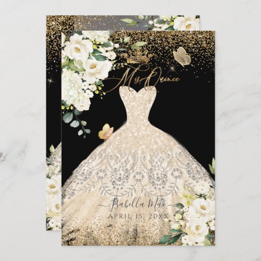 Invitation PixDezines Mis Quince Champagne Gold Parties scint (Devant / Derrière)