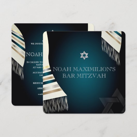 Invitation PixDezines mitzvah/tallit turquoise/arrière - plan (Devant / Derrière)