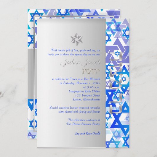 Invitation PixDezines mod stars/Bar Mitzvah/bleu foncé/argent (Devant / Derrière)