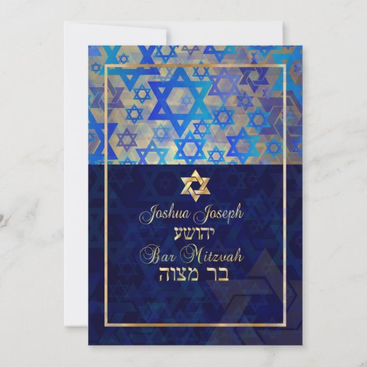Invitation PixDezines mod stars/Bar Mitzvah/bleu foncé/or (Dos)