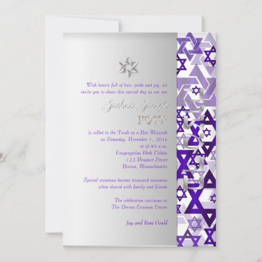 Invitation PixDezines mod stars/Bar Mitzvah/violet/argent (Devant)
